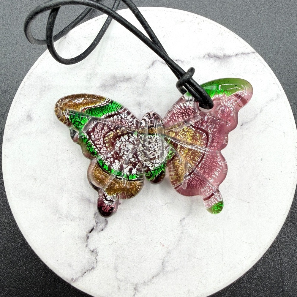 Dichroic Glass Butterfly Pendant Necklace Green Pink Art Glass Boho Gift Charm